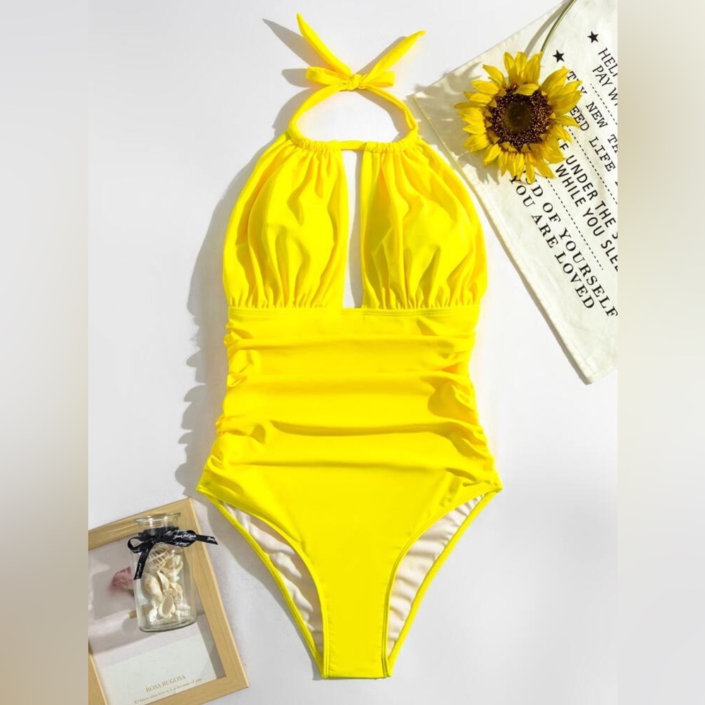 Yellow one piece halter bathers swimsuit - Picture 5 of 10